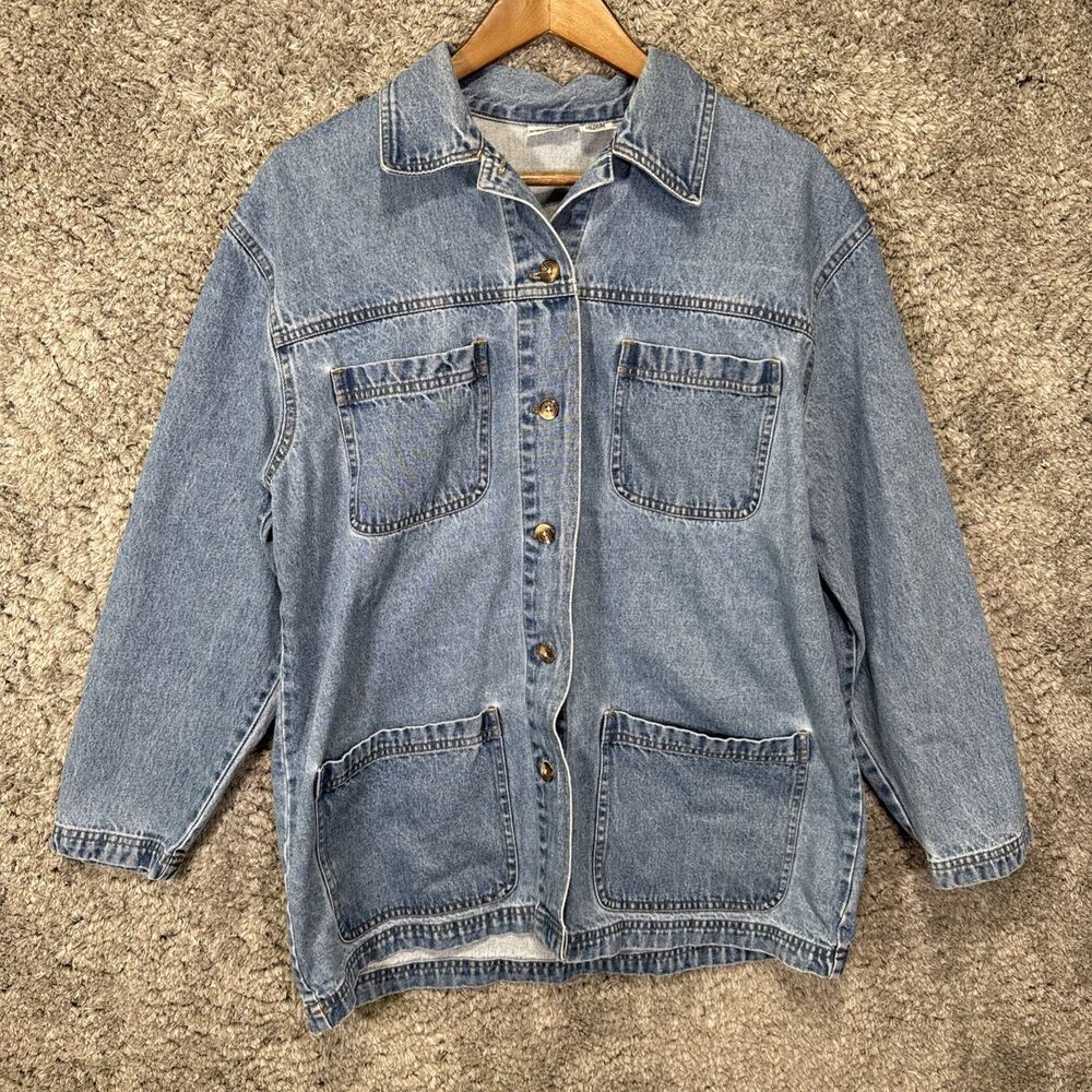 Vintage Denim Chore Jacket Women’s Medium Collared Pockets Light Wash